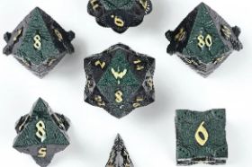 The Hymgho Solid Metal Paladin RPG Dice Set in Glitter Green with Gold shimmers with a lush green glitter finish and radiant gold numerals. A full polyhedral set fit for a noble paladin of the forest realm.