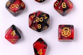 The Hymgho Mini Polymer RPG Dice Set in Blood Pact features a dark, dramatic red and black colorway evoking dark magic and sinister contracts. A compact full polyhedral set perfect for warlocks, dark sorcerers, and morally complex characters.