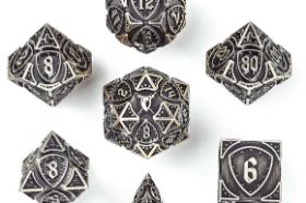 The Hymgho Solid Metal Fighter RPG Dice Set in Ancient Bronze has a beautifully aged patina finish that evokes battle-worn warriors and legendary campaigns. A full polyhedral set with serious weight and old-world character.