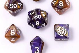The Hymgho Mini Polymer RPG Dice Set in Magister Robes features deep, scholarly tones evoking the robes of a powerful arcane master. A compact polyhedral set for wizards, sages, and anyone who takes their spellcasting seriously.