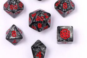 The Hymgho Mini Polymer RPG Dice Set in Iron Golem features a steely grey and silver colorway evoking the cold, mechanical power of a construct. A compact full polyhedral set for artificers, fighters, and fans of the industrial aesthetic.