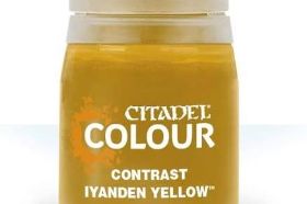 Iyanden Yellow is a vibrant Citadel Contrast paint that delivers a bold, shaded yellow finish in a single coat. Ideal for painting bright armor, robes, and details on your miniatures with minimal effort.