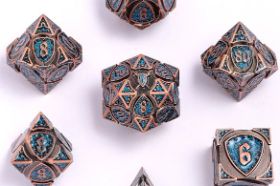 The Hymgho Solid Metal Fighter RPG Dice Set in Copper with Blue Glitter combines a warm metallic copper finish with sparkling blue glitter accents. A full polyhedral set with eye-catching contrast and solid metal weight.
