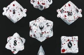 The Hymgho Solid Metal Paladin RPG Dice Set in Matte White with Blood Splatter is a dramatic and striking full polyhedral set evoking holy warriors stained by battle. A show-stopping set for paladins and players who love bold, thematic dice.