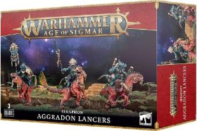Aggradon Lancers are swift and ferocious Seraphon cavalry who charge into battle atop powerful aggrадons. This plastic kit builds three dynamic cavalry models for use in Warhammer: Age of Sigmar.