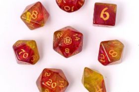 The Hymgho Wyrmforged Rollers in Phoenix Feather feature rounded edges for smooth, satisfying rolls in a warm, fiery colorway inspired by the legendary phoenix. An 8-piece polyhedral set combining beautiful aesthetics with comfortable rolling.