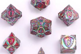 The Hymgho Solid Metal Fighter RPG Dice Set in Rainbow with UV Glow features a vibrant multicolor finish that glows under ultraviolet light. A full polyhedral set that's as fun to look at as it is to roll.
