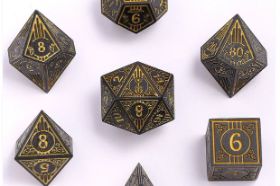 The Hymgho Solid Metal Bard RPG Dice Set in Matte Black with Gold features a sleek, sophisticated finish with gleaming gold numerals. A full polyhedral set perfectly suited for charismatic bards and theatrical players.