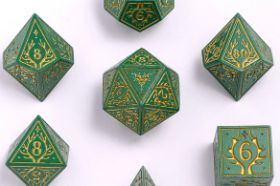 The Hymgho Solid Metal Druid RPG Dice Set in Green with Gold features a full polyhedral set cast in solid metal with a deep green finish and gold numbering. Weighty, durable, and beautifully themed for druids and nature-loving adventurers.