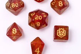 The Hymgho Mini Polymer RPG Dice Set in Phoenix Feather glows with warm reds, oranges, and golds inspired by the legendary firebird. A compact full polyhedral set that brings fiery energy to every roll.