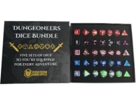 The Dungeoneer's Dice Bundle from Hymgho contains five complete sets of polymer polyhedral dice, perfect for new players or collectors wanting a variety of colorful sets in one package. An excellent value bundle for any tabletop RPG enthusiast.
