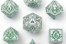 The Hymgho Solid Metal Druid RPG Dice Set in White with Green offers a clean, nature-inspired colorway with crisp green numerals on a pearlescent white finish. A full polyhedral set with premium heft and druidic flair.