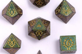 Metal Druid RPG Dice Set — Glitter Green w/Gold displayed from a player's perspective on dark wood