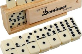 A standard double-6 domino set featuring 28 tiles, perfect for classic domino games suitable for all ages. Durable tiles with clear pips make this a great addition to any family game collection.