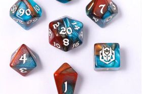 The Hymgho Mini Polymer RPG Dice Set in Bard's Cloak features rich, theatrical colors evoking the dramatic finery of a traveling performer. A compact full polyhedral set perfectly suited for charismatic bards and storytellers.