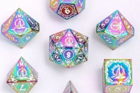 The Hymgho Wizard Solid Metal Polyhedral Dice Set in Rainbow with White features a dazzling multicolor finish with crisp white numerals. A full polyhedral set with premium weight and all the colors of the arcane spectrum.