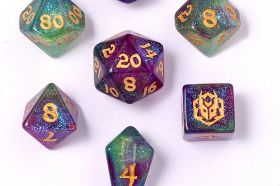The Hymgho Mini Polymer RPG Dice Set in Siren's Melody captures the alluring colors of the deep sea with a hauntingly beautiful blue-green colorway. A compact polyhedral set for bards, sea witches, and lovers of oceanic aesthetics.
